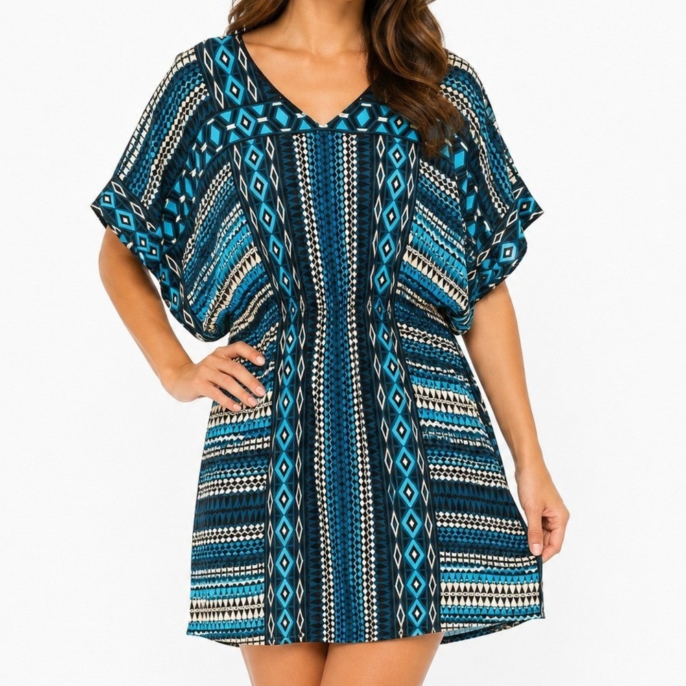 Tyler Boe 100% Silk Mini Dress XS Blue Teal Resort Vacation Boho Geometric Flowy